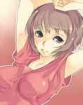  1girl arms_up bangs breasts brown_hair collarbone female freckles gradient gradient_background grey_eyes looking_at_viewer mikage_sekizai paprika paprika_(character) parted_lips red_shirt shirt short_hair short_sleeves smile solo t-shirt upper_body 