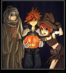  1girl 2boys armpits bare_shoulders belt black_skirt border buckle cloak cowboy_shot gloves glowing halloween halloween_costume hat holding hood hooded_cloak jack-o&#039;-lantern kairi kairi_(kingdom_hearts) kingdom_hearts kingdom_hearts_i long_sleeves looking_at_viewer multiple_boys redhead riku skirt sora_(kingdom_hearts) spiky_hair underwear white_gloves witch_hat 