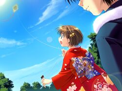  1boy 1girl bell black_hair brown_hair clouds couple dutch_angle game_cg green_eyes hair_bell hair_bobbles hair_ornament happy hetero japanese_clothes jingle_bell kadoi_aya kakyuusei_2 kimono kite lens_flare new_year oriya_rouma outdoors profile sawamura_kazuki short_hair sky smile sun 