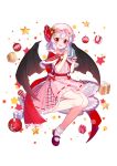  1girl bat_wings bell blann bow christmas_costume dress frilled_shirt frills full_body gift hat hat_ribbon highres lavender_hair looking_at_viewer mob_cap open_mouth pink_dress puffy_short_sleeves puffy_sleeves red_bow red_eyes red_ribbon remilia_scarlet ribbon shirt short_hair short_sleeves skirt skirt_set smile solo touhou wings 