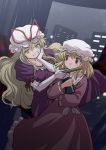  2girls blonde_hair elbow_gloves female gap ghostly_field_club gloves haniwa haniwa_(leaf_garden) hat maribel_hearn multiple_girls touhou yakumo_yukari 