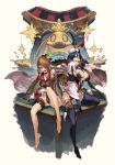  2girls ainezu bare_legs breasts brown_hair card chain_chronicle coin crotch gloves hanging_props hat highres komodia large_breasts legband leotard long_hair multicolored_hair multiple_girls sharp_teeth shoes short_hair sitting sitting_on_object sleeves streaked_hair teeth trish_(chain_chronicle) very_long_hair 