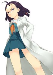  00s 1girl black_hair blue_eyes braid forehead from_below frown glasses hair_ornament hands_in_pockets kamishakujii_renko kujibiki_unbalance labcoat legs looking_afar mizuki_makoto pince-nez school_uniform skirt solo white_background 