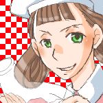  1girl bangs blush brown_hair checkered checkered_background green_eyes hat lowres nurse oekaki pumpkin_scissors rosetta rosetta_(pumpkin_scissors) see-through sketch smile solo 