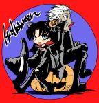  1boy 1girl :d animal_ears archer artist_request black_hair black_legwear blue_eyes cat_ears fate/stay_night fate_(series) formal full_body halloween halloween_costume jack-o&#039;-lantern kemonomimi_mode legs_crossed long_hair long_sleeves looking_at_viewer looking_back open_mouth pumpkin silver_hair simple_background smile suit tohsaka_rin twintails two-tone_background 
