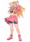  1girl 90s bike_shorts blonde_hair capcom hair_slicked_back kanzuki_karin momoi_nanabei ringlets shorts_under_skirt solo spandex street_fighter street_fighter_zero street_fighter_zero_3 