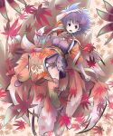  1girl :o arms_up artist_request autumn autumn_leaves blue_hair bracelet breasts dress falling_leaves full_body jewelry large_breasts leaf looking_at_viewer open_mouth original panties pelvic_curtain pointy_ears purple_dress solo thigh-highs underwear 