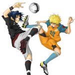  10rankai 2boys adidas ball bike_shorts black_hair blonde_hair blue_eyes blue_hair bracelet clothes_writing contemporary high_kick jewelry jumping keroyon-jima kicking kneehighs konohagakure_symbol lowres male_focus mizuno multiple_boys naruto open_mouth red_eyes roteiro shoes smile sneakers soccer soccer_ball soccer_uniform socks spiky_hair sport sportswear uchiha_sasuke uniform uzumaki_naruto whisker_markings wristband 