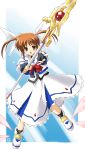  1girl bow eretto fingerless_gloves gloves lyrical_nanoha magazine_(weapon) magical_girl mahou_shoujo_lyrical_nanoha mahou_shoujo_lyrical_nanoha_a&#039;s raising_heart raising_heart_excelion red_bow redhead shoes solo takamachi_nanoha twintails winged_shoes wings 