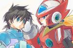  2boys android armor blonde_hair blue_eyes capcom gloves helmet lowres male_focus multiple_boys no_headwear no_helmet robot rockman rockman_x x_(rockman) yaoi zero_(rockman) 