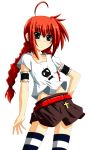 1girl fumihiro lyrical_nanoha mahou_shoujo_lyrical_nanoha mahou_shoujo_lyrical_nanoha_a&#039;s redhead shirt solo striped striped_legwear t-shirt thigh-highs twin_braids twintails vita