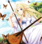  1girl blonde_hair blue_eyes bow_(instrument) butterfly dress eiwa elf instrument jewelry long_hair nail_polish necklace pink_nails pointy_ears ring smile solo 