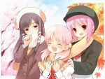  3girls akino_momiji blush brown_eyes closed_eyes coat grey_hair hat highres kiriyama_sakura leaf multiple_girls pink_hair red_eyes sakura_musubi scarf sera_karen short_hair smile twintails 