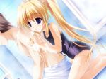  bathroom blonde_hair blue_eyes dutch_angle flat_chest fujimiya_chisa gift_(game) gift_eternal_rainbow long_hair one-piece_swimsuit school_swimsuit soap sponge suds swimsuit twintails washing_back wet 