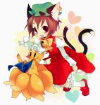  brown_eyes brown_hair cat_ears chen dress earrings fox hat heart jewelry kneehighs ribbon short_hair skirt socks tail touhou white_kneehighs white_legwear yakumo_ran yakumo_ran_(fox) yakuro_ran yakuro_ran_(fox) 