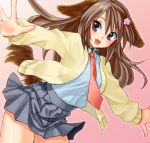 arms_spread blush brown_hair collar drawr happy hikabe_sakuho jacket long_hair necktie open_mouth original outstretched_arms pleated_skirt skirt smile spread_arms tail 