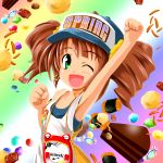  arm_up armpits badge blush brown_hair button_badge candy fabel_(pixiv109259) food green_eyes hat idolmaster open_mouth short_hair smile solo takatsuki_yayoi twintails wink 