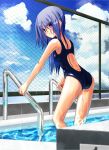  ass blue_hair chainlink_fence cloud competition_swimsuit fence long_hair looking_back one-piece_swimsuit original pool pool_ladder purple_eyes sky solo starting_block swimsuit violet_eyes water wet 