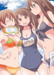  3girls bikini braid breasts brown_eyes brown_hair celebi_ryousangata cleavage diving_mask double_v green_eyes honda_mio idolmaster idolmaster_cinderella_girls long_hair multiple_girls school_swimsuit shibuya_rin shimamura_uzuki short_hair shorts swimsuit twin_braids v wink 