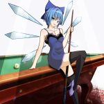  ? adult billiards blue_eyes blue_hair bow cirno cue_stick high_heels highres lingerie naughty_face nikka nikka_(cryptomeria) pool_stick shoes short_hair solo thigh-highs thighhighs touhou underwear wings ⑨ 