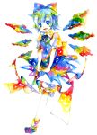  blue_hair cirno colorful highres legomaru ribbon short_hair touhou traditional_media watercolor watercolor_(medium) wings 