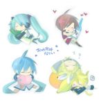  akisame_kou bad_id banana beer bottle chibi closed_eyes detached_sleeves food fruit hatsune_miku headphones heart hug ice_cream kagamine_len kagamine_rin kaito meiko orange siblings sleeping spring_onion twins vocaloid 