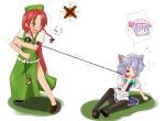  bad_id braid chain chains collar dog_ears green_eyes hair_ribbon hat hong_meiling izayoi_sakuya kemonomimi_mode long_hair maid pantyhose red_eyes red_hair redhead ribbon silver_hair sugu_maigo_ninaru_umumu touhou twin_braids 