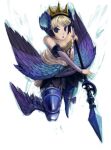  armor armored_dress bad_id bare_shoulders blue_eyes boots crown elbow_gloves gloves gwendolyn odin_sphere polearm roten spear thigh-highs thigh_boots thighhighs valkyrie weapon white_background white_hair wings 