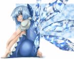  ass back bangs barefoot blue_eyes blue_hair bob_cut cirno feet hands_on_feet ice looking_back sitting smile touhou wings 