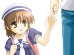 brown_hair clannad hand_holding hat holding_hands mutsuki_masato okazaki_ushio sailor_dress sailor_uniform short_hair 