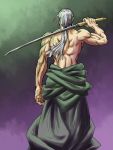  back bad_id bare_back konpaku_youki koppa_(pixiv) male manly muscle ponytail purple_background shirasaya shirtless silver_hair solo sword touhou weapon 