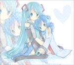  aqua_hair bad_id blue_eyes blue_hair detached_sleeves genderswap hand_holding hatsune_miku heart holding_hands kaiko kaito maimu_(polka) scarf short_hair smile thigh-highs thighhighs twintails vocaloid young zoom_layer 