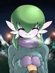  1girl closed_eyes cold costume gardevoir green_hair hand_holding happy holding_hands mittens night pokemon pokemon_(creature) scarf smile solo space_jin sweater 