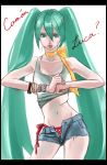  bracelet denim denim_shorts green_eyes green_hair hatsune_miku highres hotpants inaichi jewelry lipstick long_hair panties short_shorts shorts side-tie_panties twintails underwear very_long_hair vocaloid 