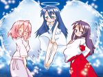  angel_wings barefoot blue_eyes blue_hair closed_eyes green_eyes halo hiiragi_miki izumi_kanata japanese_clothes long_hair lucky_star miko pink_hair purple_hair short_hair takara_yukari wings 