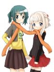  bad_id blue_eyes blush casual green_eyes green_hair hand_holding hidamari_sketch holding_hands maro_(pixiv11425) multiple_girls nazuna nazuna_(hidamari_sketch) nori nori_(hidamari_sketch) scarf shared_scarf short_hair short_twintails skirt thighhighs twintails ume-sensei white_hair yuri 