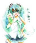  bracelet fuyu_(pixiv44308) hand_on_hip hatsune_miku jewelry juice long_hair necktie poppippoo_(vocaloid) skirt traditional_media translated translation_request twintails vegetable vegetables vocaloid watercolor_(medium) yandere 