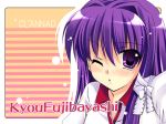  clannad fujibayashi_kyou hair_ribbon hayashi_sakura long_hair purple_eyes purple_hair ribbon violet_eyes wink 