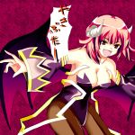  breasts cleavage demon_wings detached_sleeves disgaea fang horns kuze la_pucelle maou_prier open_mouth pantyhose prier purple_background red_eyes red_hair redhead translated wings 