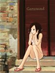  bikini brown_hair earbuds earphones feet kokudou_juunigou legs music original route_12 sandals sitting smile swimsuit 