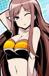  arm_up bandeau blue_eyes breasts brown_hair character_request cleavage copyright_request highres long_hair midriff navel tom_(drpow) wink 