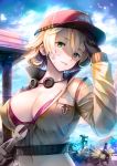  1girl 2boys baseball_cap blonde_hair blurry bra breasts chocobo cidney_aurum cleavage cropped_jacket depth_of_field final_fantasy final_fantasy_xv goggles goggles_around_neck green_eyes hat highres large_breasts lips looking_at_viewer midriff multiple_boys outdoors parted_lips purple_bra short_hair smile tranquillianusmajor underwear upper_body 