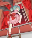  blue_hair bow child curtains fang from_below hat ladder large_bow looking_back moon ohyo red_eyes red_moon remilia_scarlet ribbon smirk touhou vampire window wings 