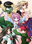  black_hair blonde_hair braid green_hair hat horn hoshiguma_yugi hoshiguma_yuugi kaenbyou_rin komeiji_koishi komeiji_satori kuma_ana pink_hair pointy_ears posing red_hair reiuji_utsuho touhou 