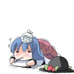  chibi favfavver2 favfavver2_(artist) food fruit futon hat hat_removed headwear_removed hinanawi_tenshi ice_pack lowres peach sick solo thermometer touhou 