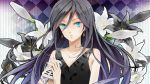  bad_id bangs bare_shoulders black_dress black_hair blue_eyes dress earrings fingernails flower jewelry koromono lilies lily_(vocaloid) lips lipstick long_hair makeup microphone nail_polish solo vocaloid 