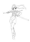  highres lineart monochrome nagaaki ponytail school_uniform skirt sword weapon 