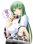  cc code_geass controller food green_hair keito long_hair pizza remote_control translation_request yellow_eyes 