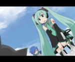  anime_coloring bad_id bag blue_hair cat cloud clouds detached_sleeves green_eyes green_hair hatsune_miku headset kaito letterboxed long_hair maroyan necktie scarf shopping_bag skirt sky spring_onion stare sweatdrop thigh-highs thighhighs twintails very_long_hair vocaloid zettai_ryouiki 