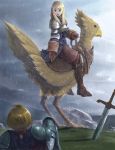  ahoge armor blonde_hair blue_eyes chocobo cloud clouds final_fantasy final_fantasy_tactics gloves open_mouth rain ramza_beoulve riding roten saddle short_hair sitting sky sword weapon 